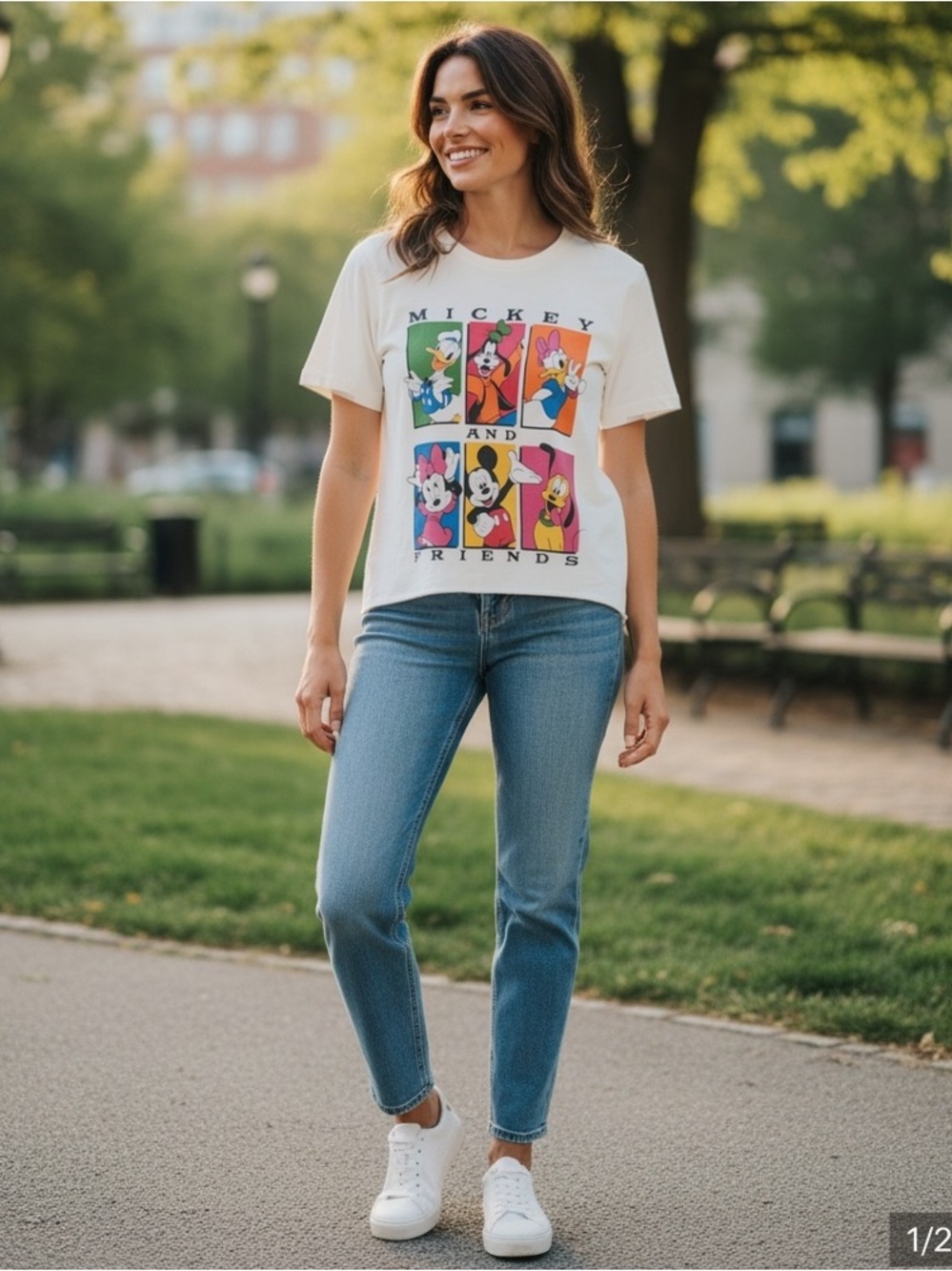 Disney Cream Graphic Tee with Colorblock Mickey & Friends